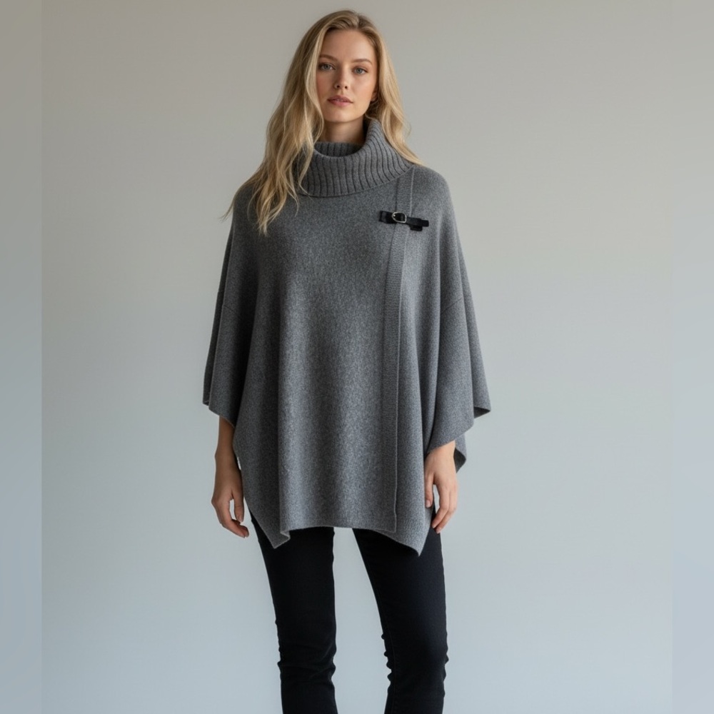 New! RAFFI 100% Cashmere Grey Turtleneck Poncho Size O/S